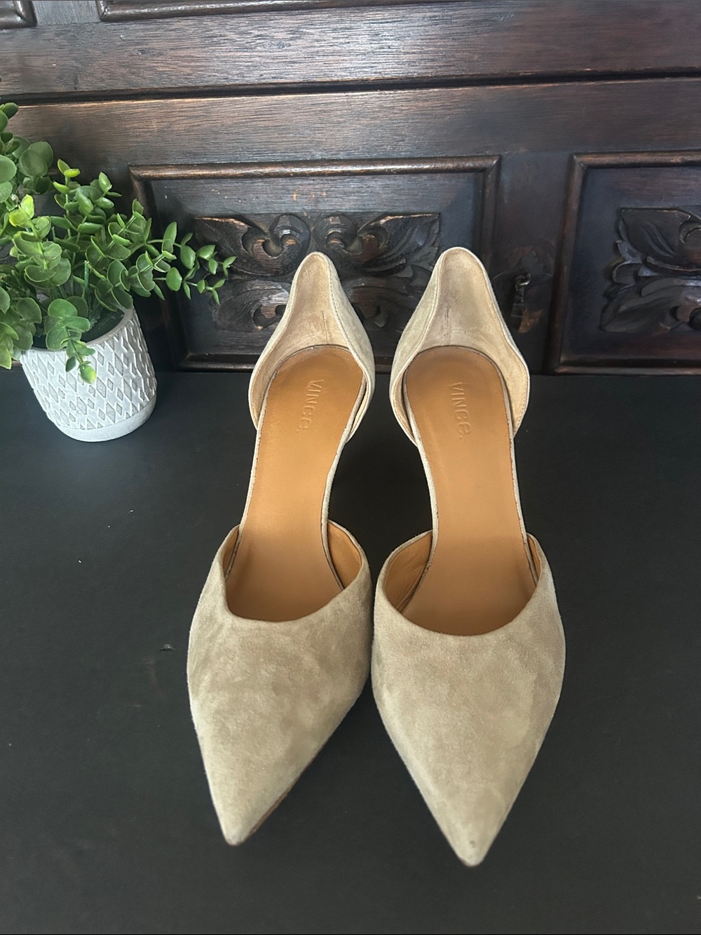 Vince Taupe Suede D'Orsay Pointed-Toe Kitten Heels - Picture 3 of 12
